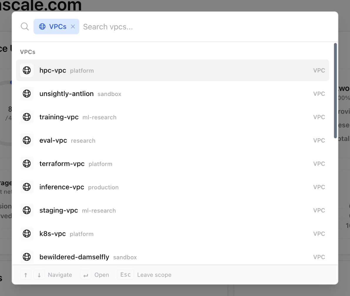 Quick search scoped to VPCs, listing every VPC in the organisation