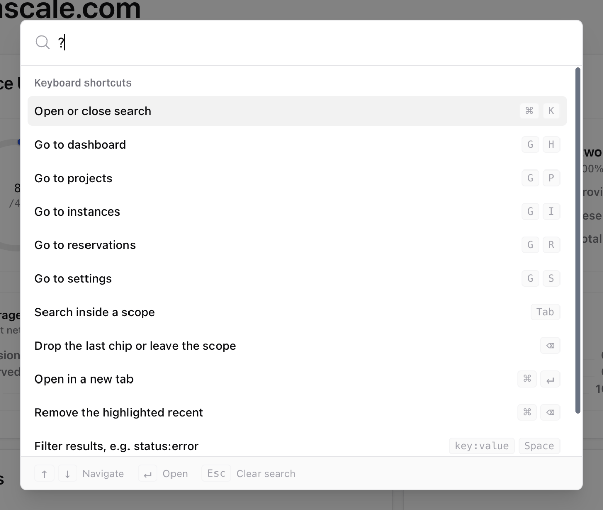 Quick search listing its keyboard shortcuts after typing a question mark