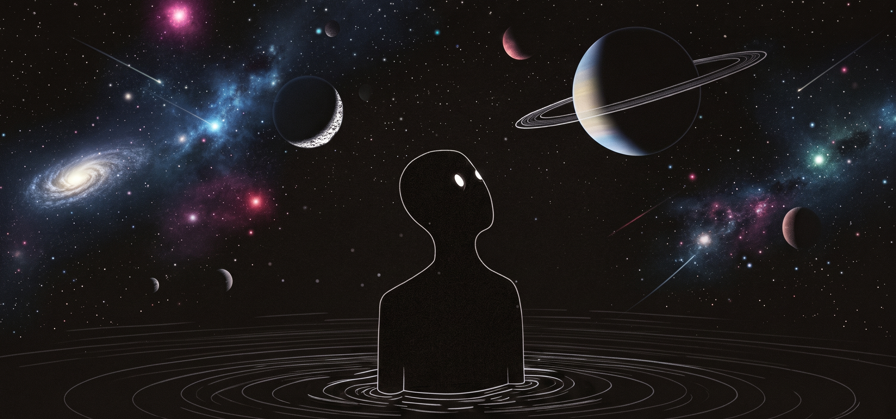 A figure standing in rippling water, looking up at planets, nebulae, and shooting stars