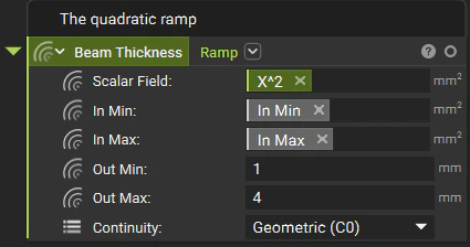 The Ramp block being applied to the x^2 scalar field. This new modified field will be used as the Beam Thickness for the lattice.