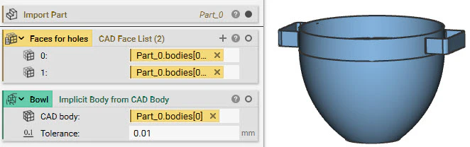 The imported CAD part of a bowl. The bowl is converted to an implicit body.