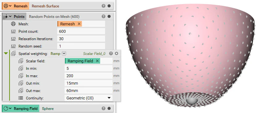 The implicit body bowl is meshed, and then a Random Points on Mesh block is applied to the mesh. The spatial weighting of the points is modified by a Ramp block.