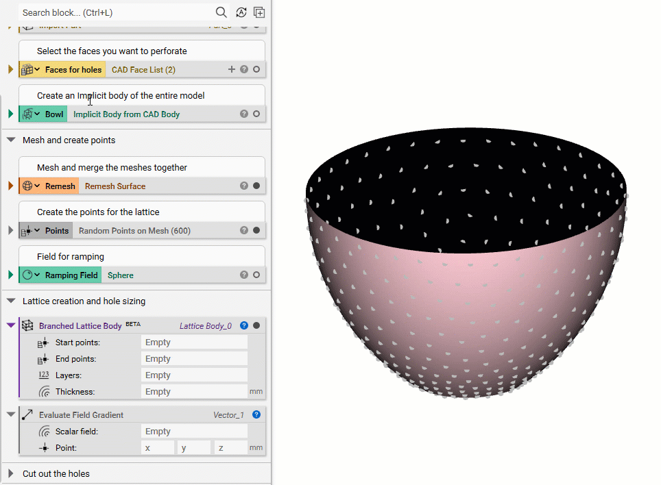 The gif shows how to create a second set of points that are offset the distance of the bowl wall thickness.