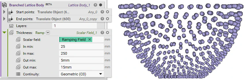 The branched lattice with a Ramp block applied to the beam thickness input.