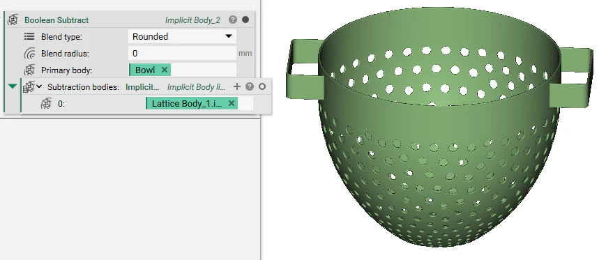 Using a Boolean Subtract block, the beams are subtracted from the bowl implicit. The result is a perforated bowl.