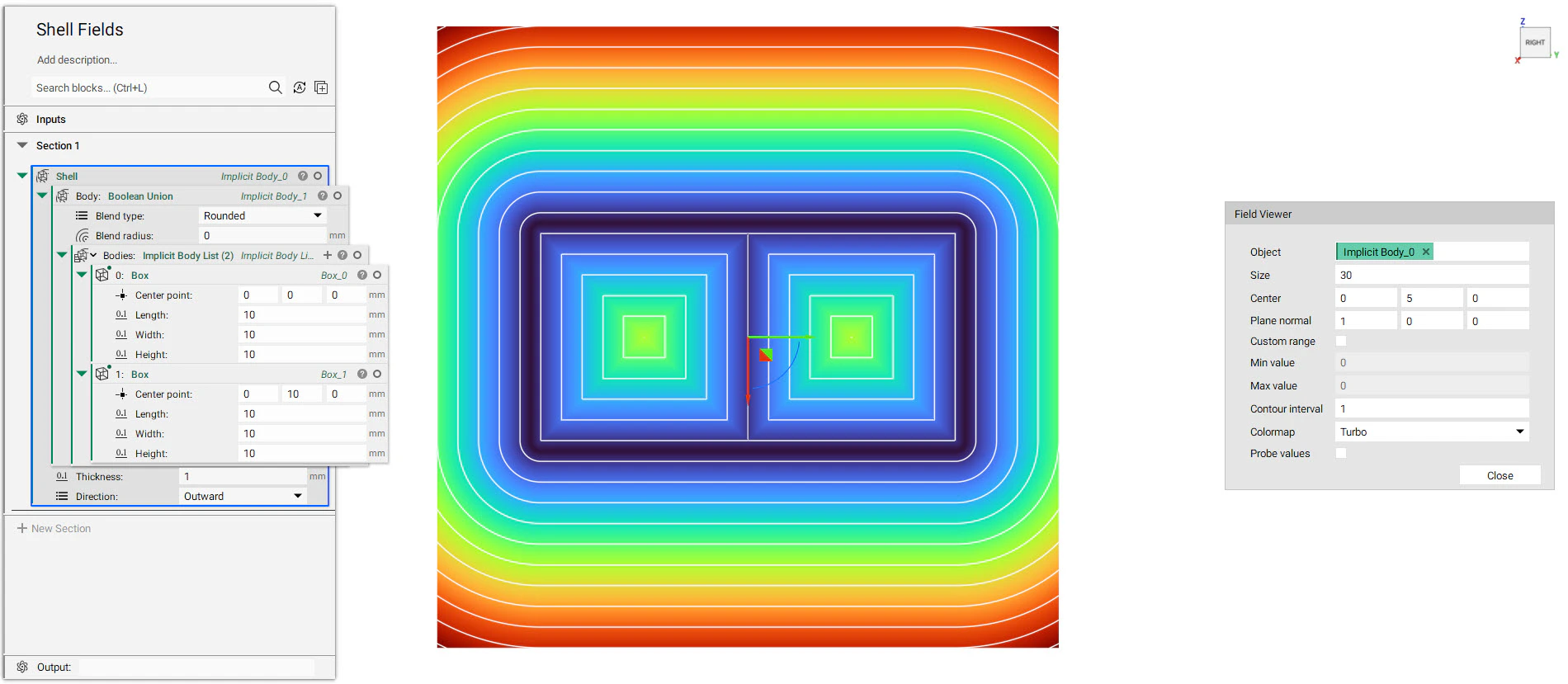 The image below shows the field of two neighboring boxes that have been combined and shelled. Despite the boxes being merged into a single body and then shelled, the field shows a wall between the boxes.