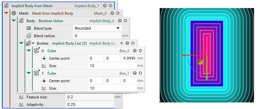 Two cubes that are overlapping are merged using a Boolean Union block. The single body is then meshed and then converted back into an implicit body. The field view of the body shows a single box with no wall dividing them.
