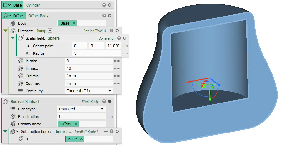 An Offset Body that has a Ramp block applied to its Distance input. This creates a non uniform thickness result.