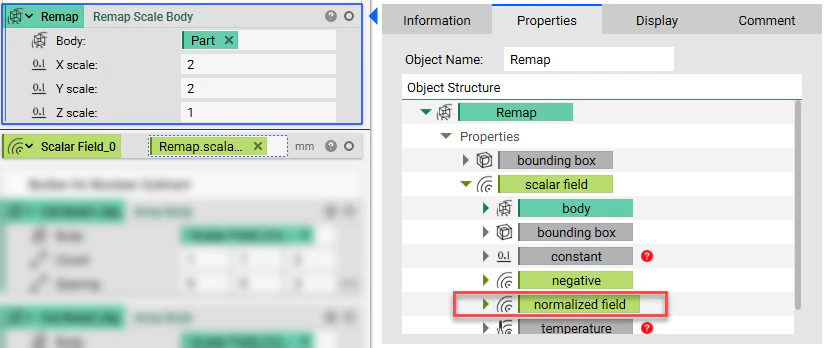 A Remap Scale Body block with its properties panel open. The Normalized Field property chip is extracted and placed in the notebook.