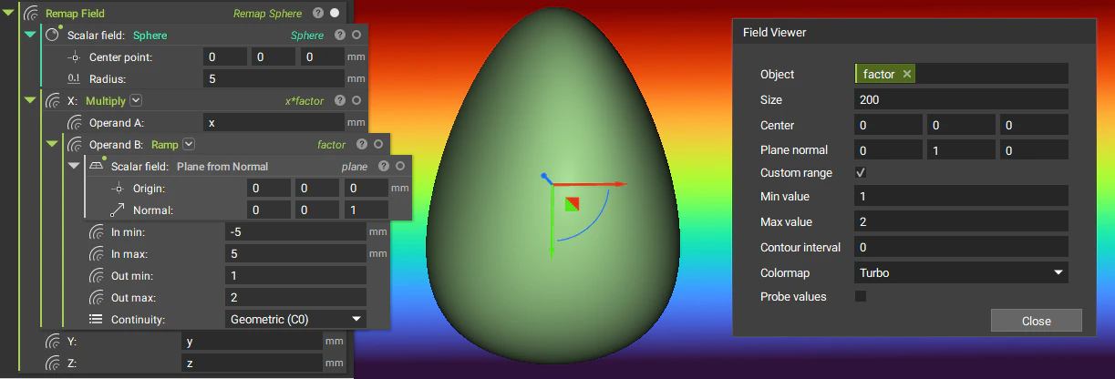 The example shows how to use the Remap Field block to change a sphere into an egg shape.