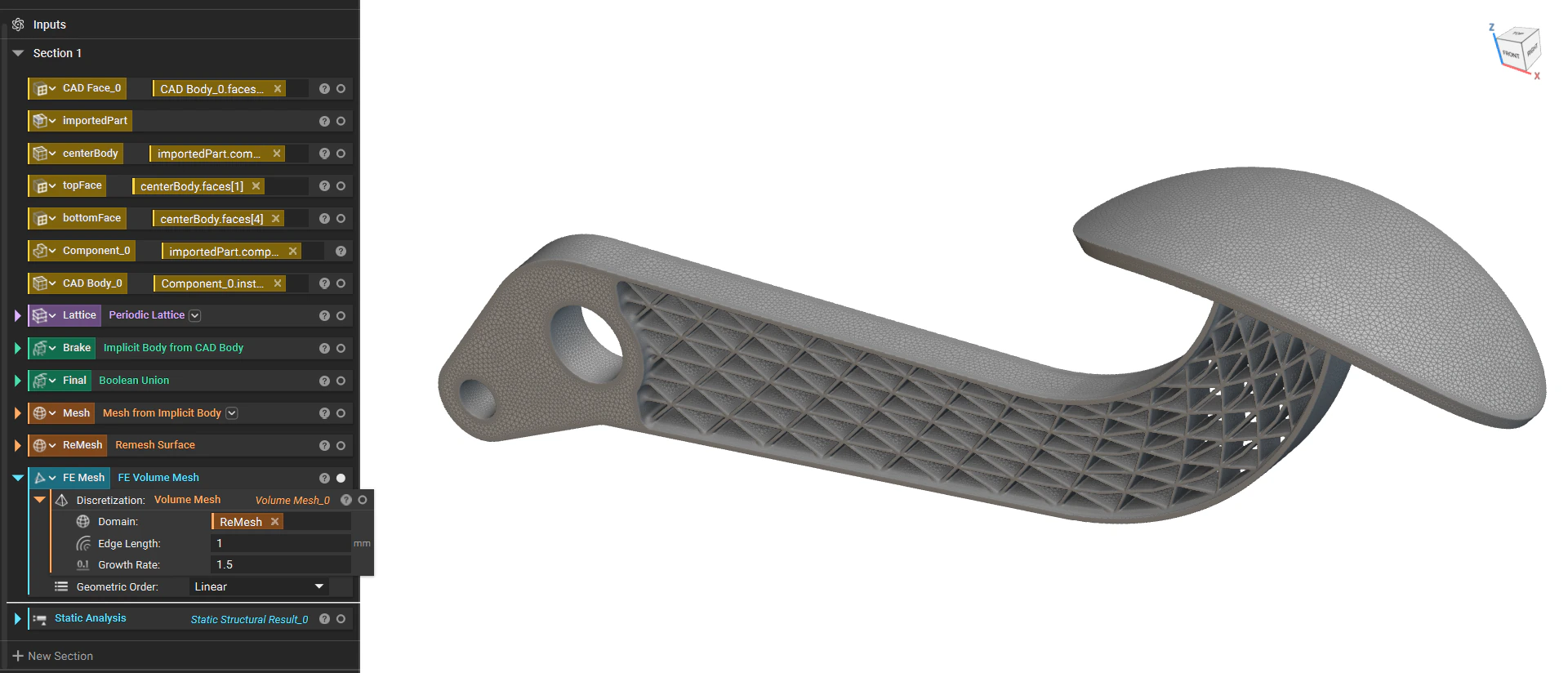 An FE Mesh of a brake pedal infilled with lattice
