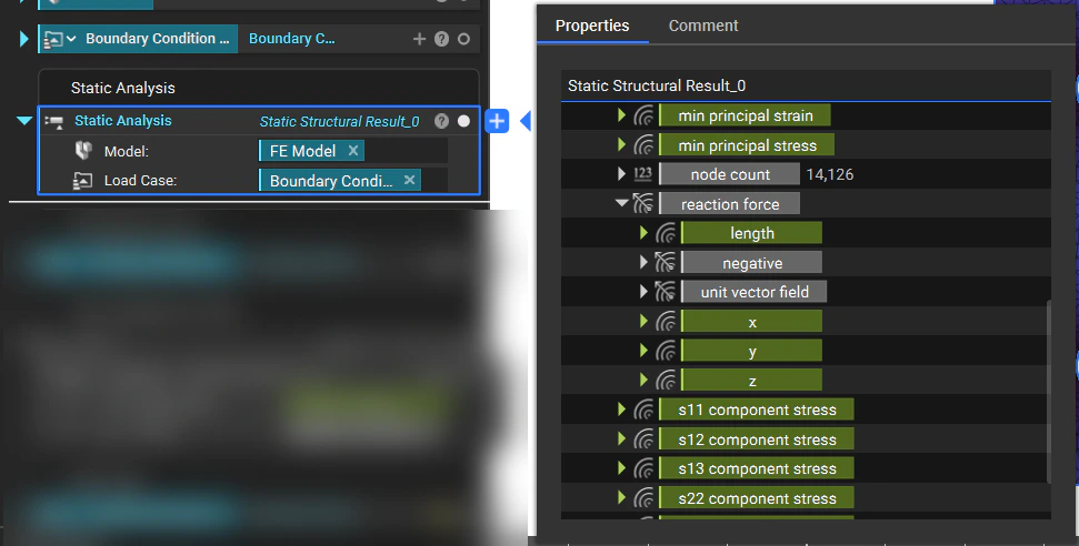 A static analysis block showing its properties panel. The reaction force property is expanded to show the individual reaction force components.