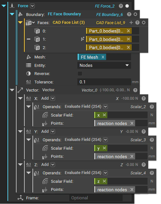 The Force block infilled with the blocks created from previous steps. The FE Face Boundary block is inserted into the Boundary input. The Vector block is inserted into the Vector input of the Force block.