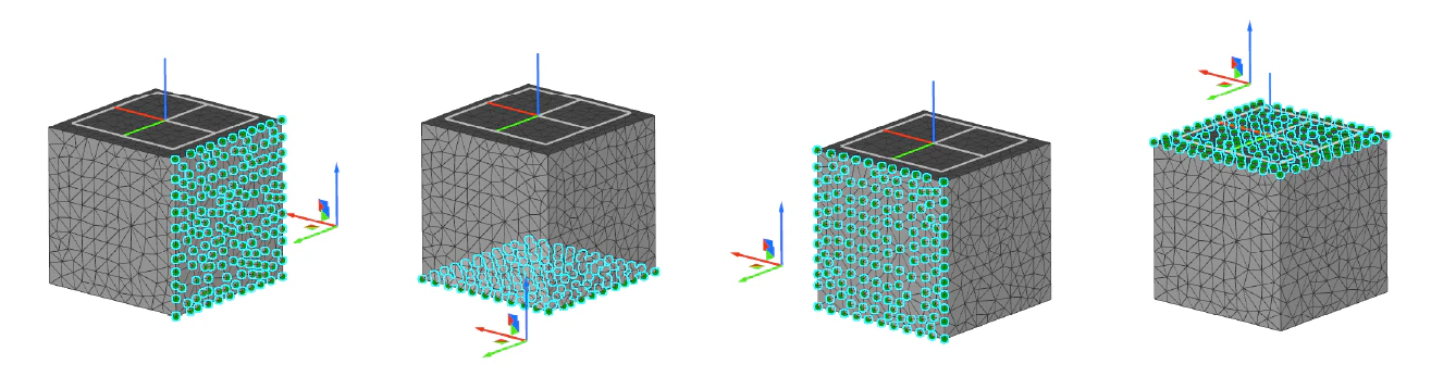 4 images of cubes. Each one with a different origin location, which changes which face of the cube is selected using the FE Boundary by Flood Fill block