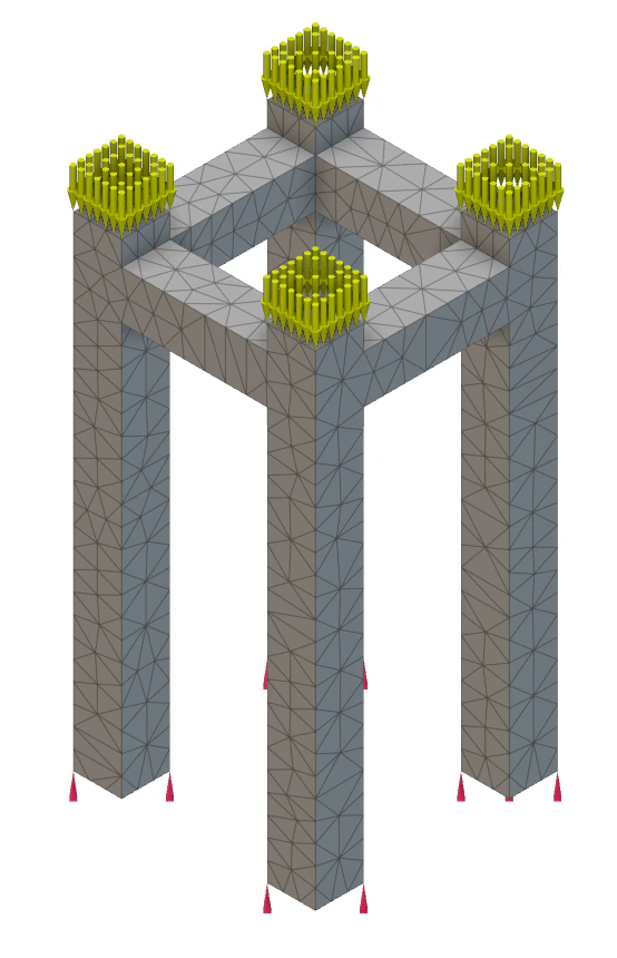 A structure with yellow arrows on top to indicate an applied boundary load. The bottom of the structure has red arrows indicating displacement restraints.