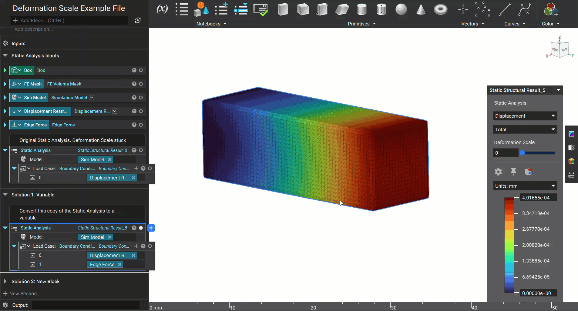 The results of a static analysis correctly moving while changing the deformation scale