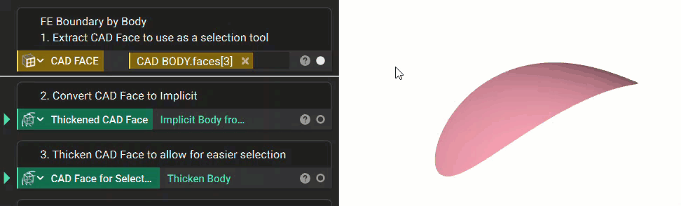 A gif showing the nTop notebook and an imported CAD face. The CAD Face is converted to an implicit body using the Implicit Body from CAD Body block. The implicit model is thickened using the Thicken Body block.