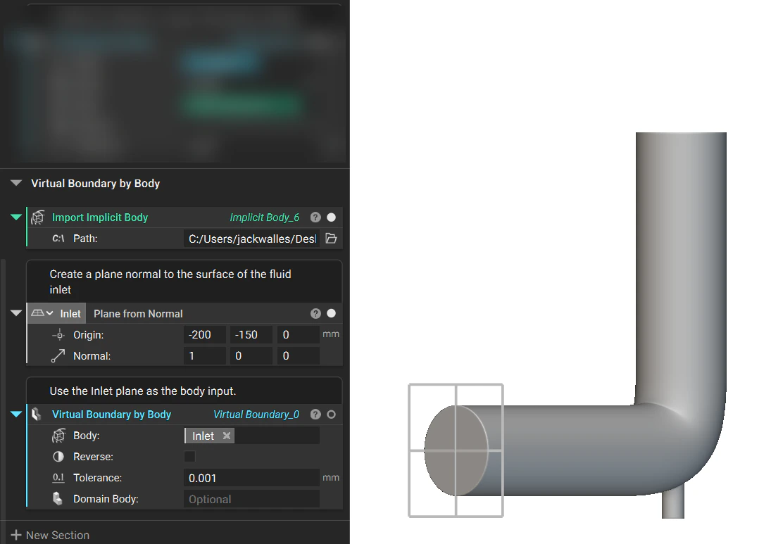 An image showing the nTop notebook and a pipe model. The pipe model is imported using the Import Implicit Body block. There is a plane on the surface of the pipe inlet that is created from the Plane from Normal block. There is a Virtual Boundary by Body block that is being used to define the Inlet boundary using the plane.