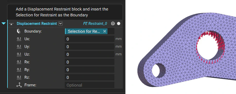 The displacement restraint block and a close up of the brake pedal model showing the applied displacement restraint.