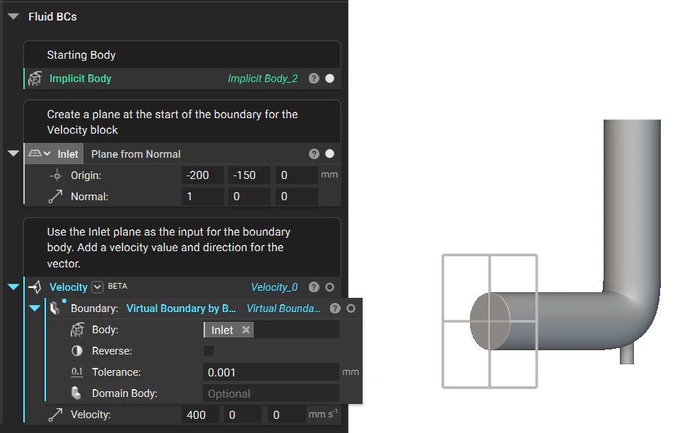 The pipe model next to the nTop notebook. The notebook has the pipe implicit body block, a plane block that is being used to define the inlet boundary, and a velocity block that is being applied to the inlet using the plane. The model shows the plane on the surface of the inlet.