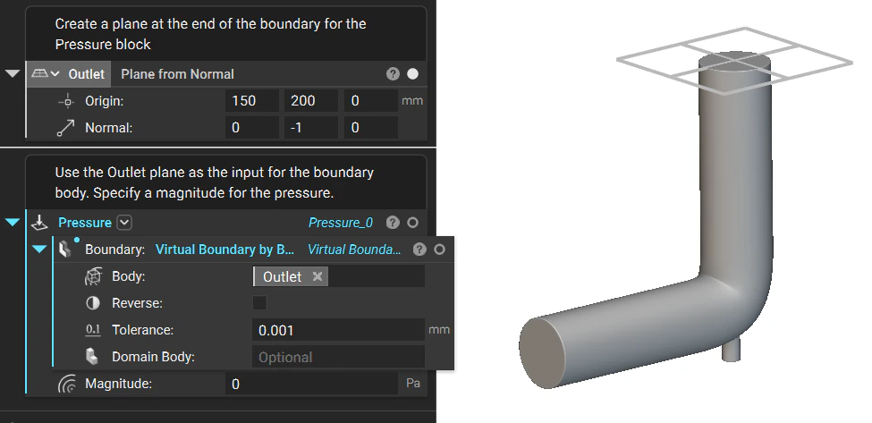The pipe model next to the nTop notebook. The notebook has a plane from normal block that is being used to define the outlet boundary, and a pressure block that is being applied to the outlet using the plane. The model shows the plane on the surface of the outlet.