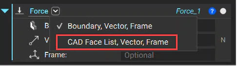 An image showing how to access the CAD Face List overload of the Force block
