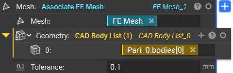 The associate FE Mesh block utilizing an FE Mesh and a CAD body