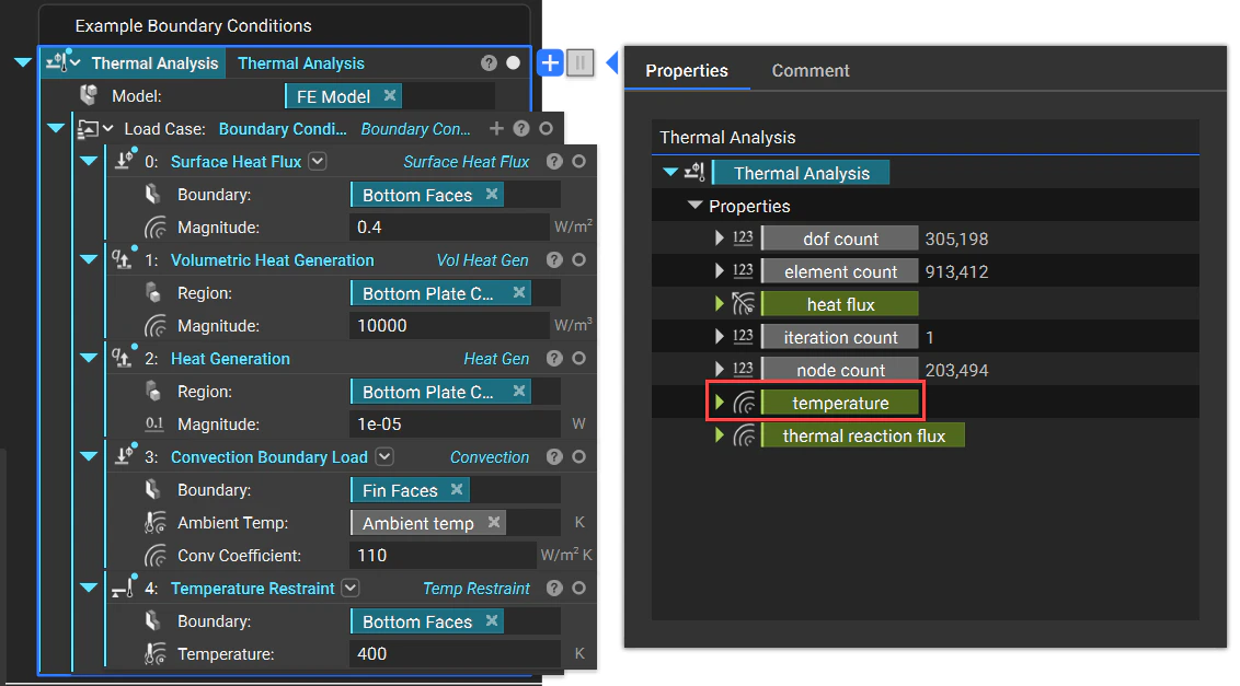 An image showing how to extract the temperature field from a thermal analysis property panel