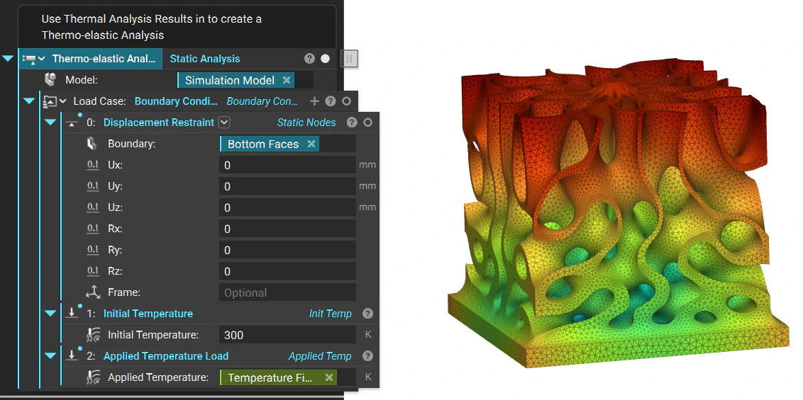 A static analysis result that was run using the temperature field from the thermal analysis