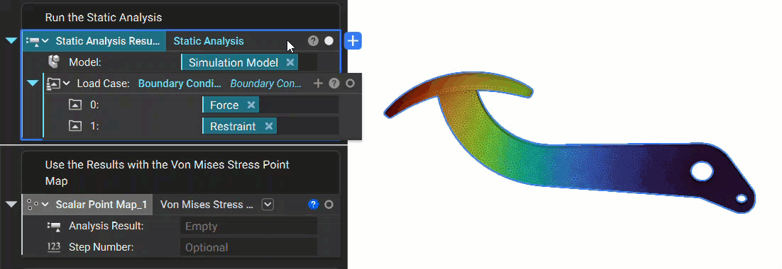 This gif shows how to insert static analysis results into the Von Mises Stress Point Map block. The result is a point map of the von mises values.