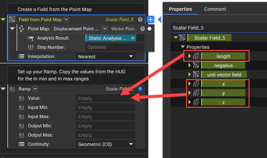 This example shows how to create a field from the displacement results.