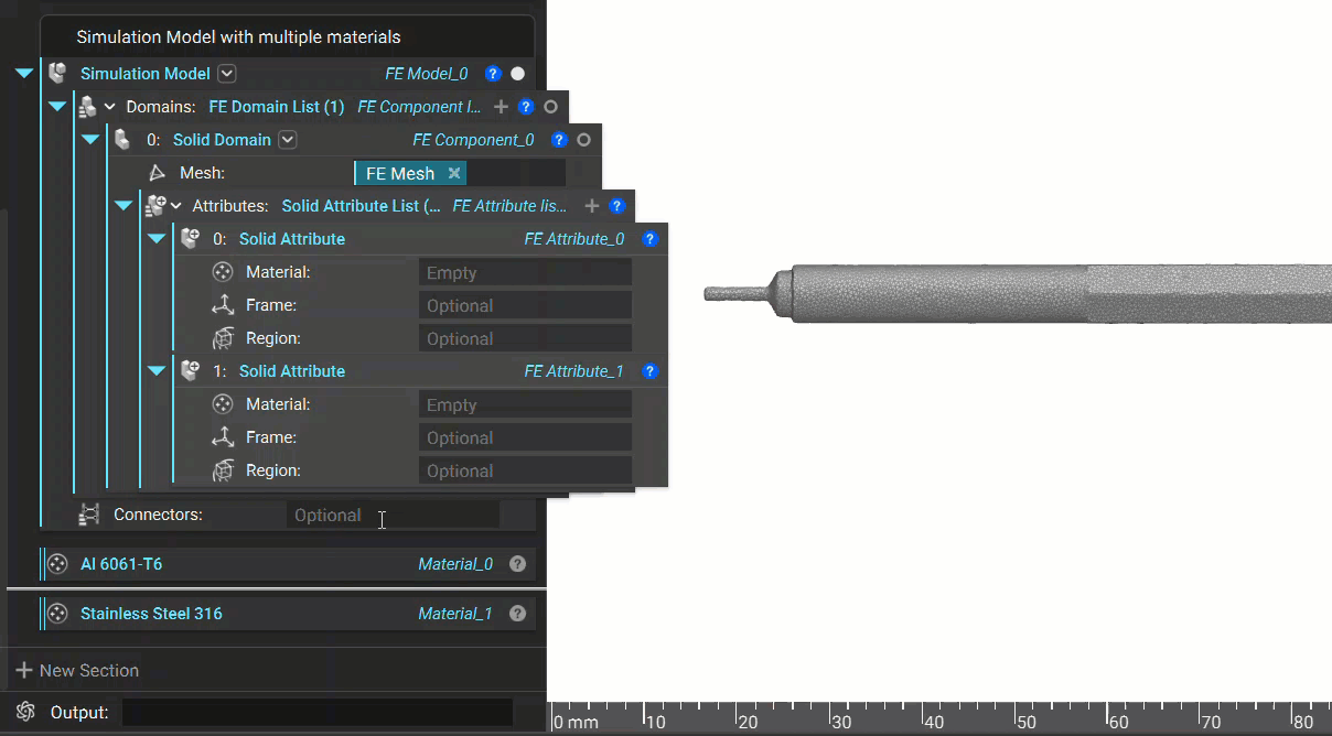 The gif shows an example error a user may encounter when setting up a simulation model. Two attributes with materials are added to the solid domain. The domain throws an error because neither of the attributes have an assigned region.