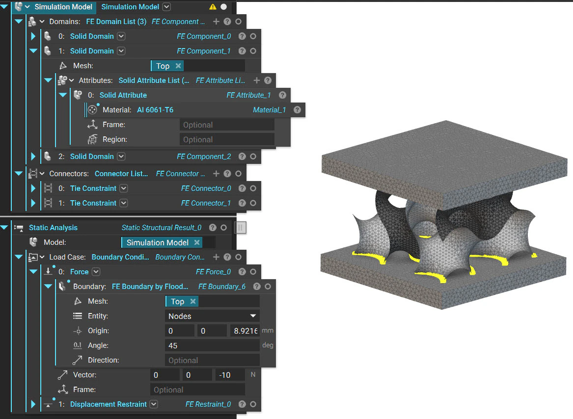 The image shows an nTop notebook next to a model of a gyroid in between two blocks. The model is a Simulation model, showcasing the connection nodes between the gyroid and the blocks.