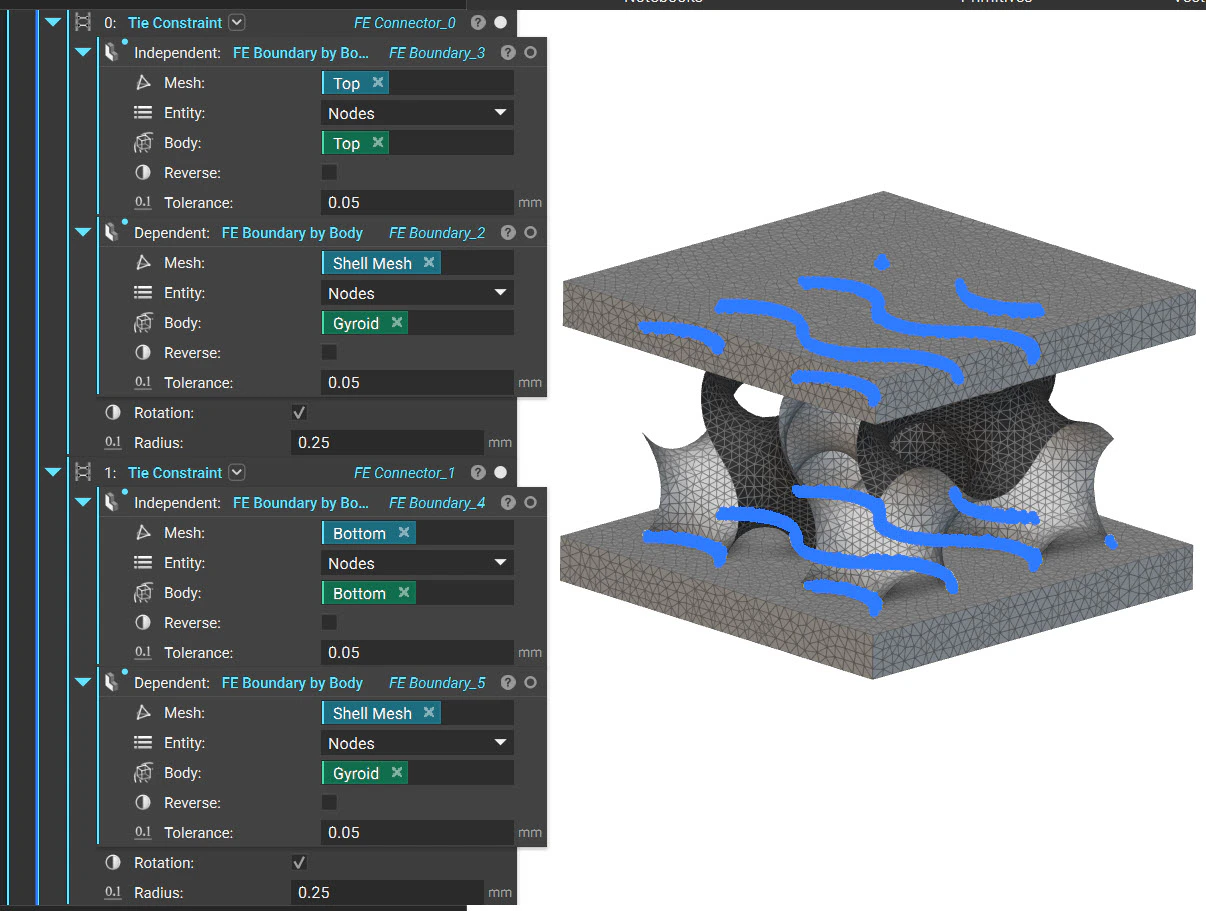 The image shows an nTop notebook next to a model. The image highlights the Tie Constraint blocks that are used to connect the separate FE Meshes through contacting nodes.These nodes are connected using Tie Constraints.