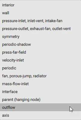 A list of the available Type options for the CFD Boundary on FE Mesh block