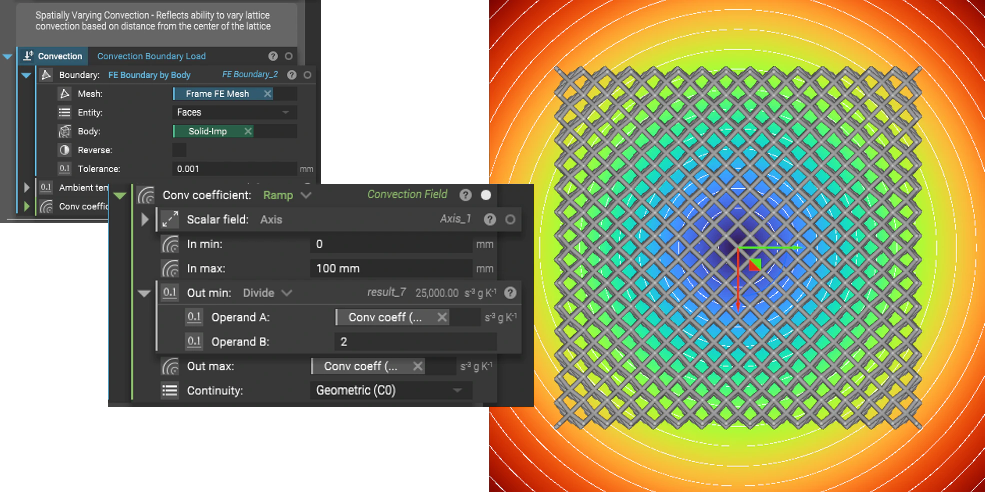 A lattice structure that has a varying convection coefficient field applied to it. The field contains smaller values at the center and gradually increases as it spreads towards the edges of the lattice.