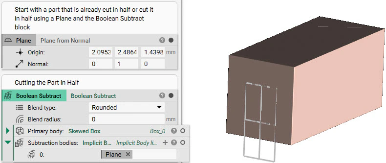 An image depicting how to use a Plane to cut a box in half using the Boolean Subtract block.
