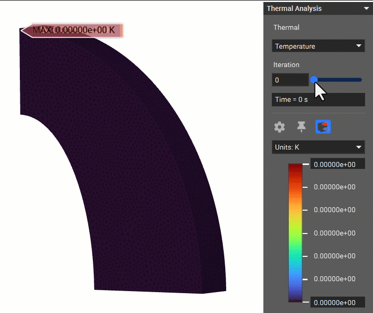 A demonstration of changing the iterations of the thermal analysis HUD. The part's color changes to indicate the temperature change as the iteration number changes.