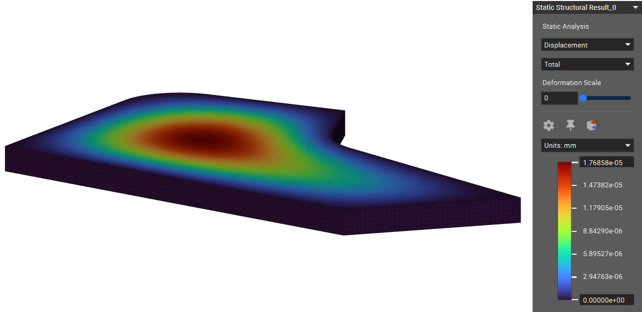 Static Analysis results showing displacement values on a model