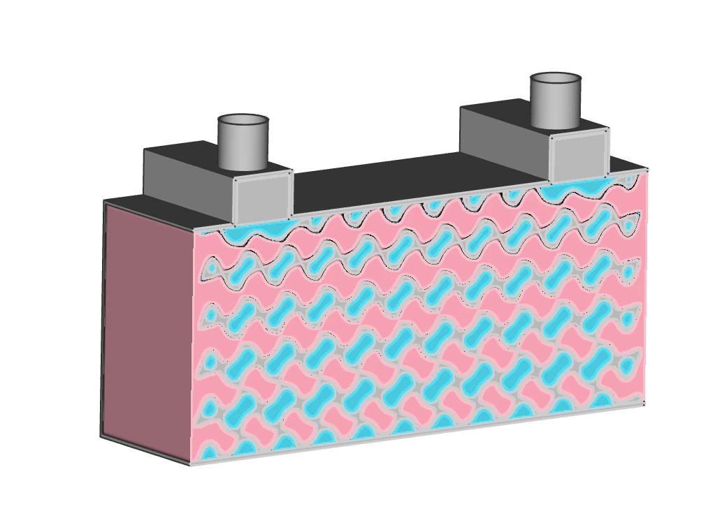 Two-channel heat exchanger with wavy and dumbbell flow paths visible