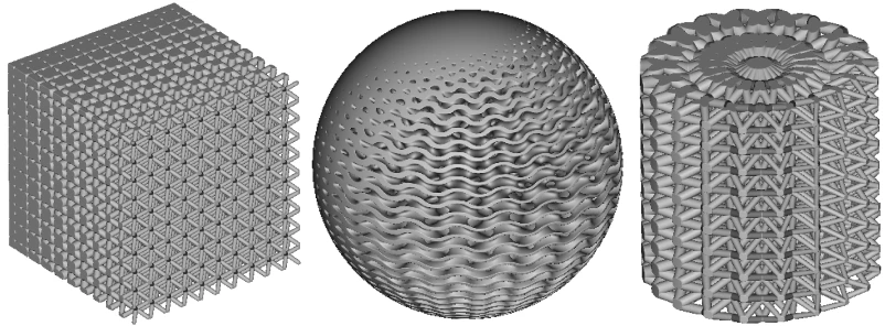 Periodic lattice examples using different cell map shapes. From left to right, a rectangular periodic lattice, spherical periodic lattice, and a cylindrical periodic lattice