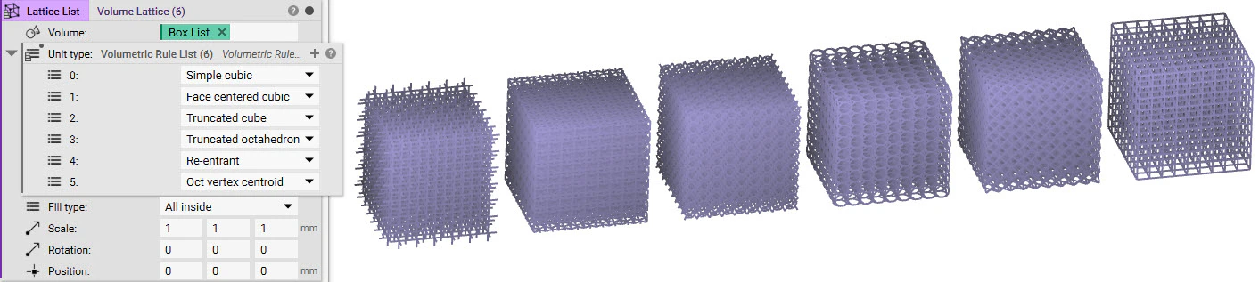 Inserting the Box List into the Volume input of a Volume Lattice block, we can generate 6 lattices. The unit type input has a list of 6 different unit cells, which results in each lattice having a different unit cell configuration.