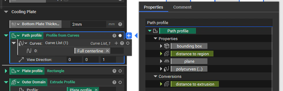 Generating the path profile using the Profile from Curves block and the centerline path