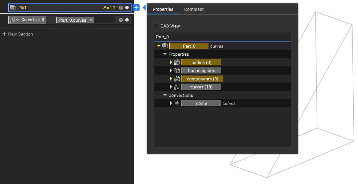 The properties panel of an imported CAD part. The curves property has been extracted and placed in the notebook