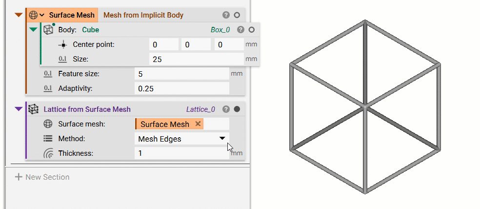A gif showing the different methods of creating a lattice using the Lattice from Surface Mesh block