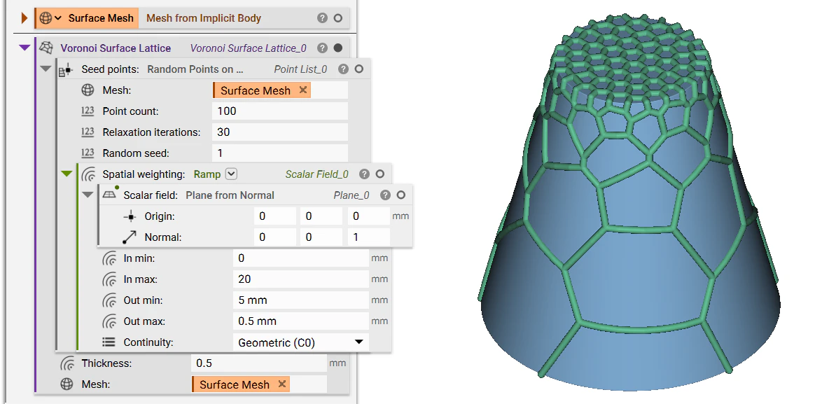 A voronoi surface lattice that has a Ramp block applied to its spatial weighting. This creates a smaller cell size at the top of the body and it gradually becomes a larger size towards the bottom