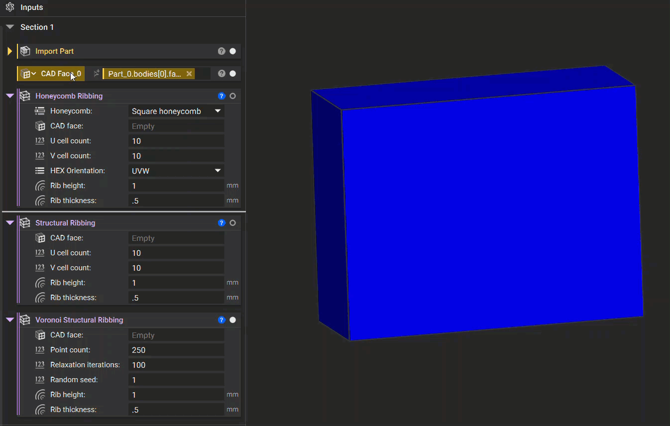 Ribbing blocks that allow you to generate conformal ribbing using a specified CAD face