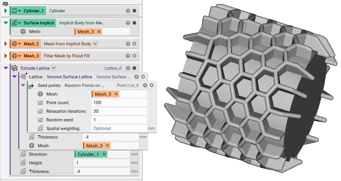 An example of creating ribs using the Extrude Lattice block on a surface lattice