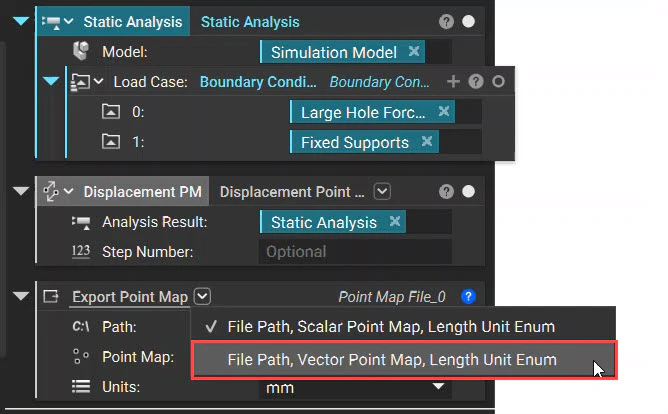 An example of changing the Export Point Map overload from Scalar to a Vector Point Map. Once Vector Point Map is selected, the block can export a Displacement Point Map.