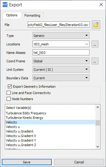 The export menu of Ansys CFD Post. The Options tab is shown.